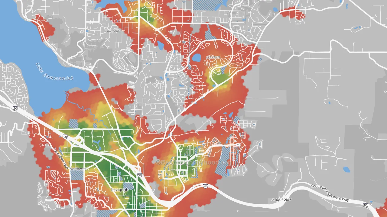 Walk Grade map of 98029, WA, walkable areas in green and car-dependent areas in red