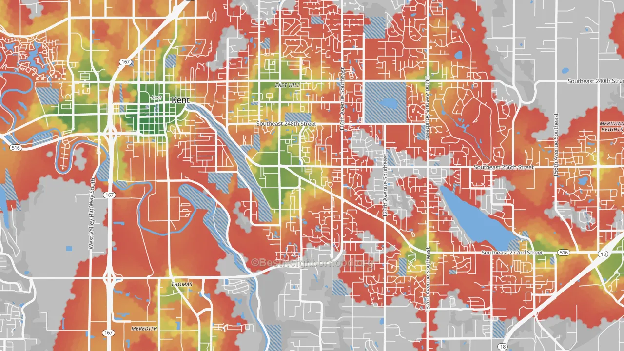 Walk Grade map of 98030, WA, walkable areas in green and car-dependent areas in red