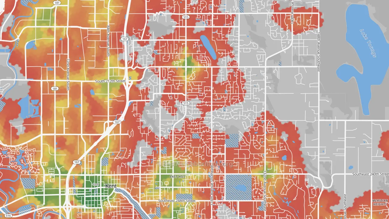 Walk Grade map of 98031, WA, walkable areas in green and car-dependent areas in red