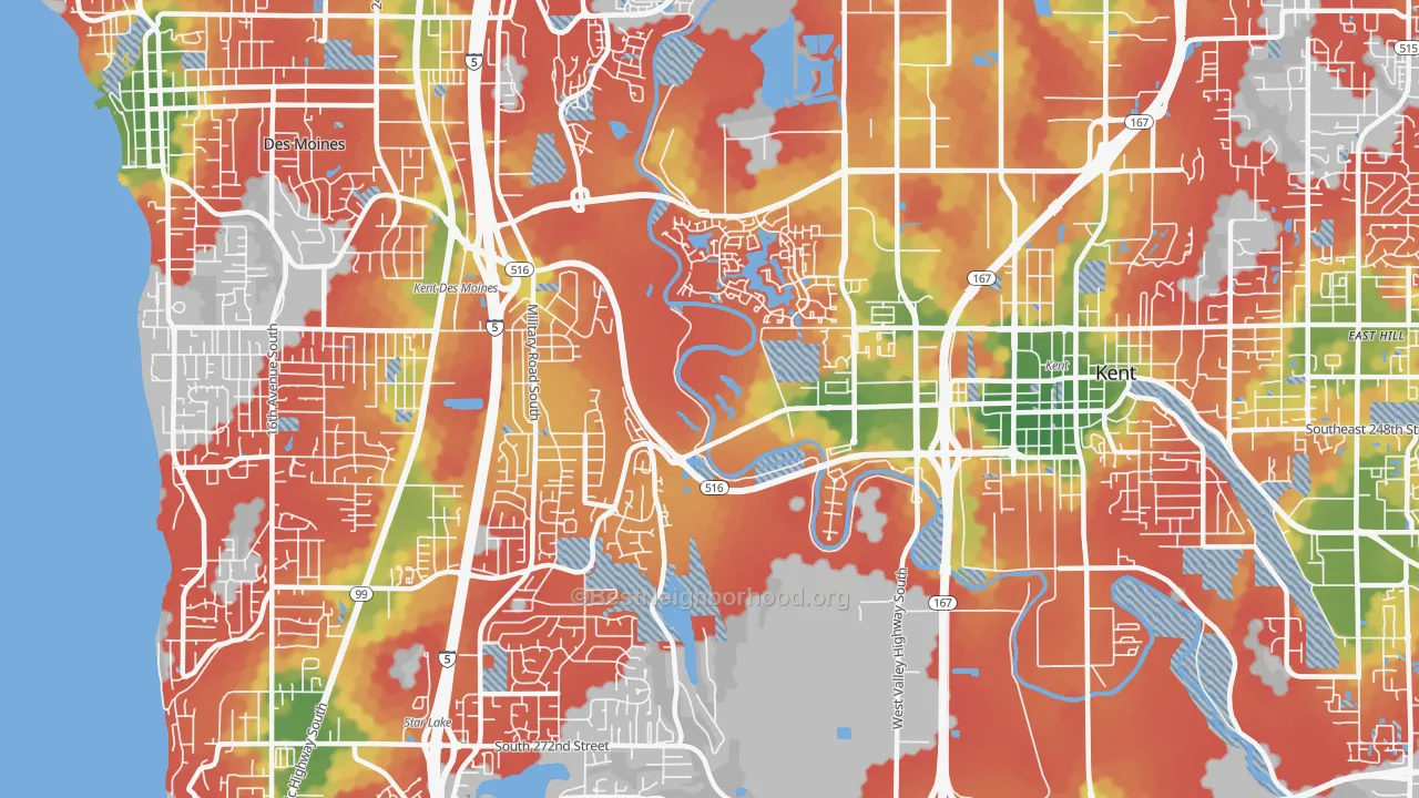 Walk Grade map of 98032, WA, walkable areas in green and car-dependent areas in red