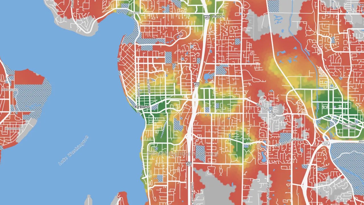 Walk Grade map of 98033, WA, walkable areas in green and car-dependent areas in red