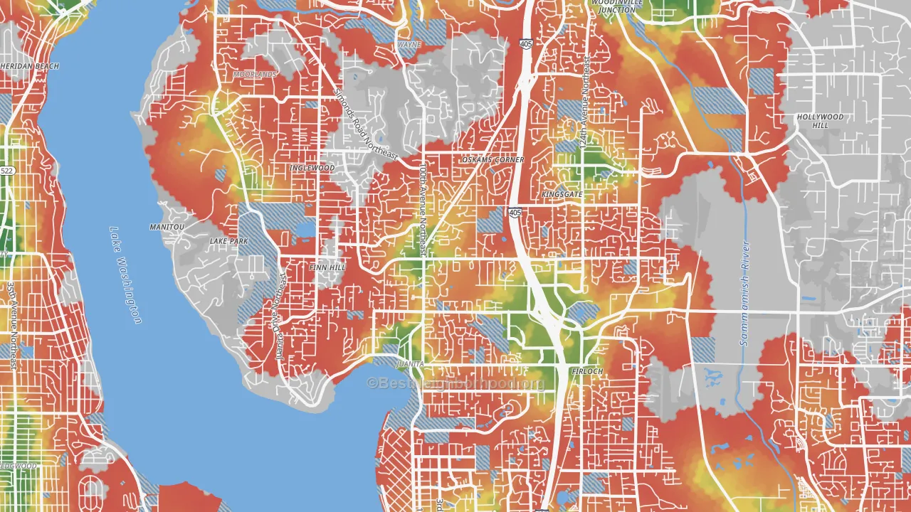 Walk Grade map of 98034, WA, walkable areas in green and car-dependent areas in red