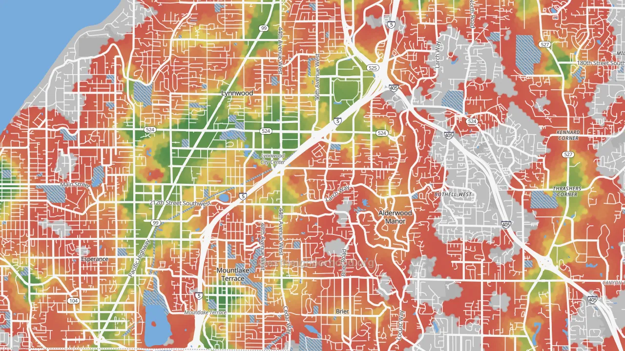 Walk Grade map of 98036, WA, walkable areas in green and car-dependent areas in red