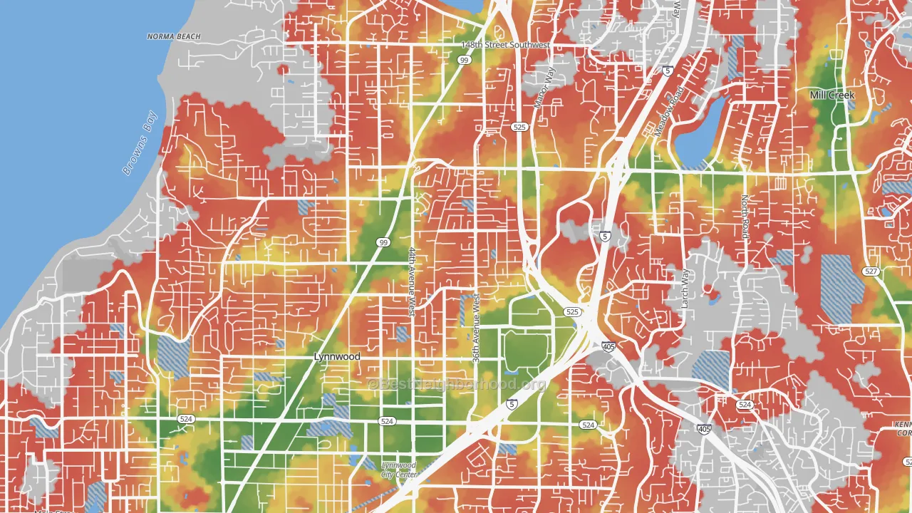 Walk Grade map of 98037, WA, walkable areas in green and car-dependent areas in red