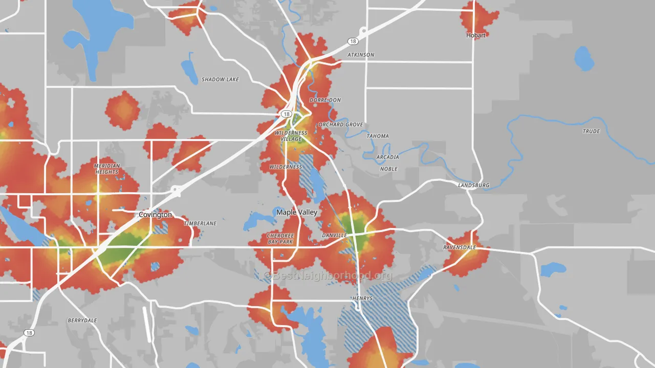 Walk Grade map of 98038, WA, walkable areas in green and car-dependent areas in red