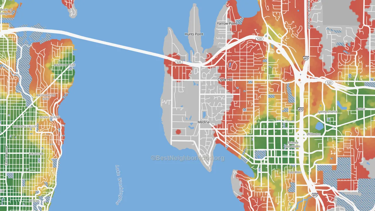 Walk Grade map of 98039, WA, walkable areas in green and car-dependent areas in red