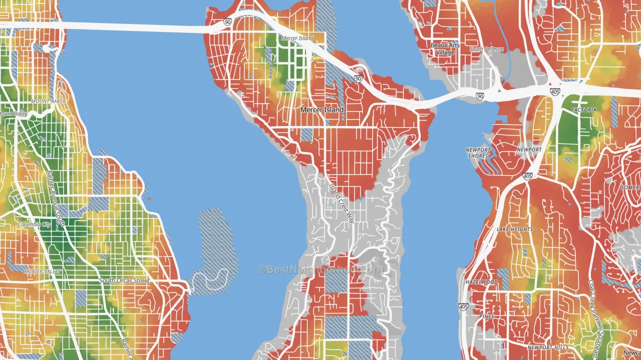 Walk Grade map of 98040, WA, walkable areas in green and car-dependent areas in red