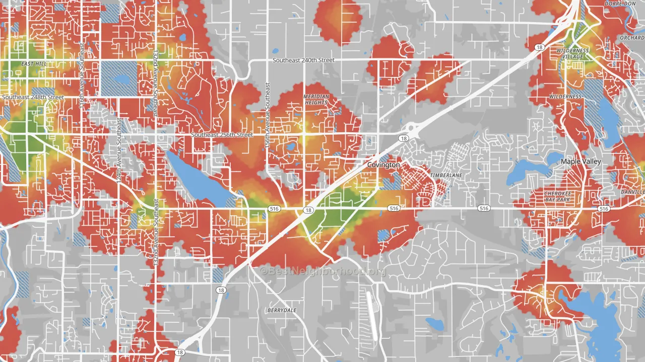 Walk Grade map of 98042, WA, walkable areas in green and car-dependent areas in red