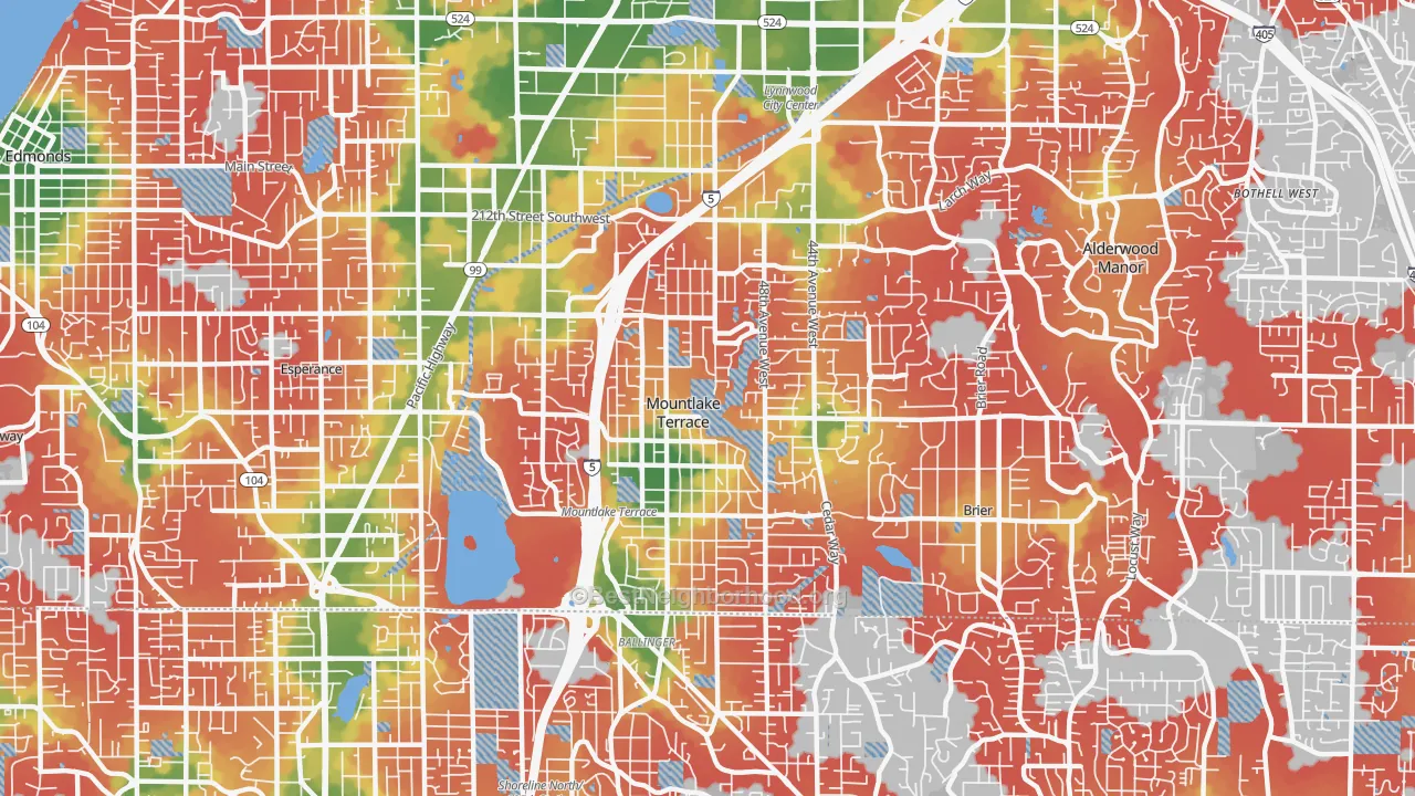 Walk Grade map of 98043, WA, walkable areas in green and car-dependent areas in red