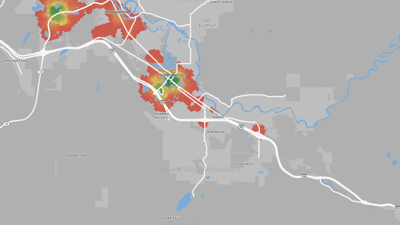Walk Grade map of 98045, WA, walkable areas in green and car-dependent areas in red