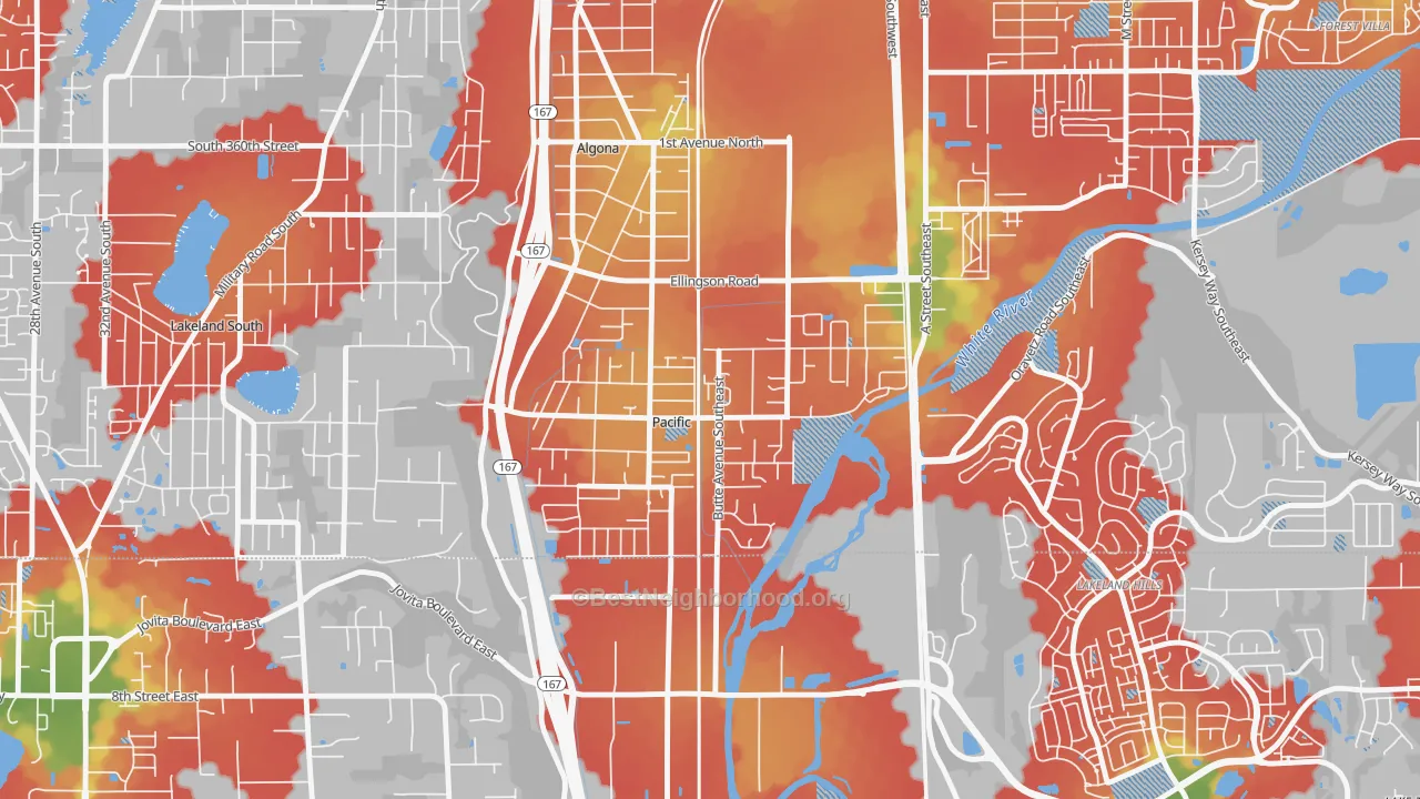 Walk Grade map of 98047, WA, walkable areas in green and car-dependent areas in red
