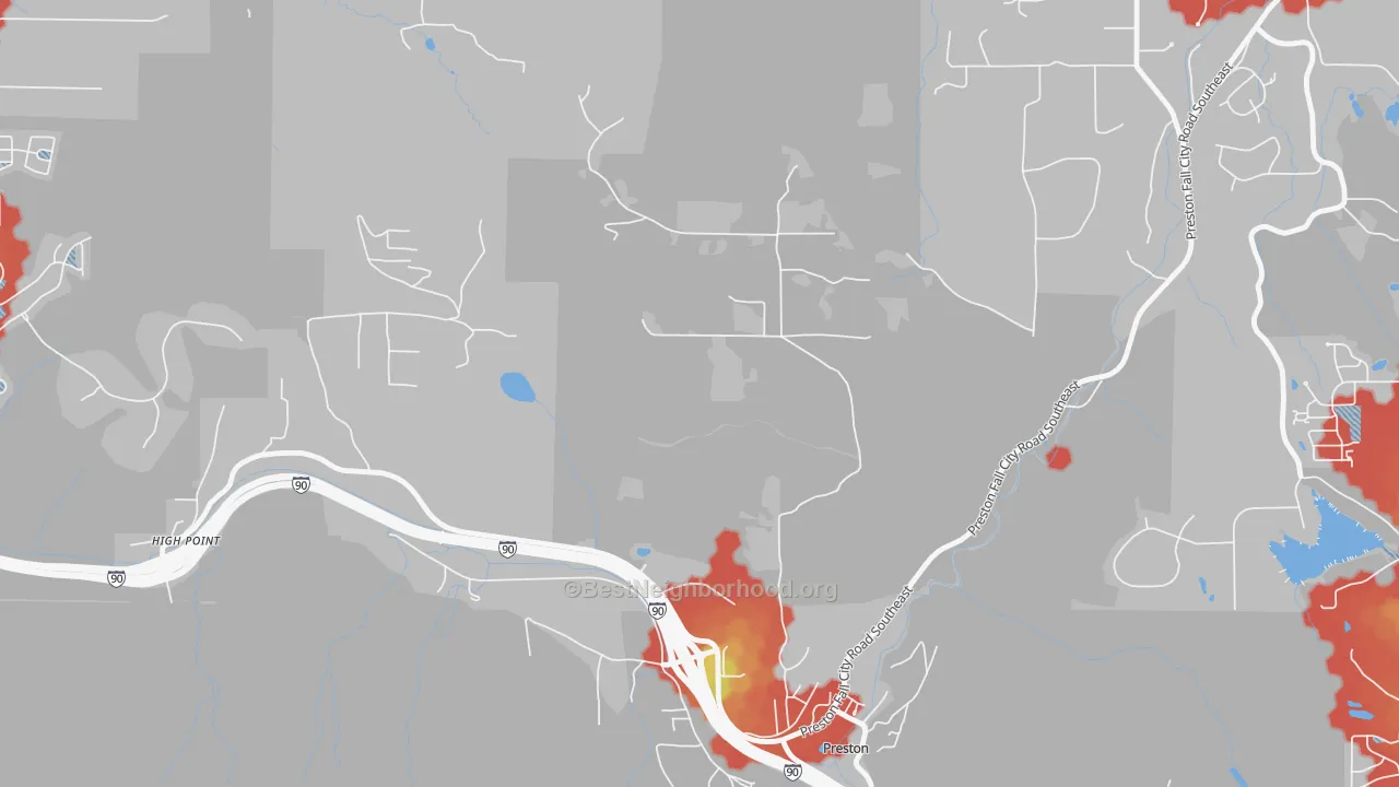 Walk Grade map of 98050, WA, walkable areas in green and car-dependent areas in red