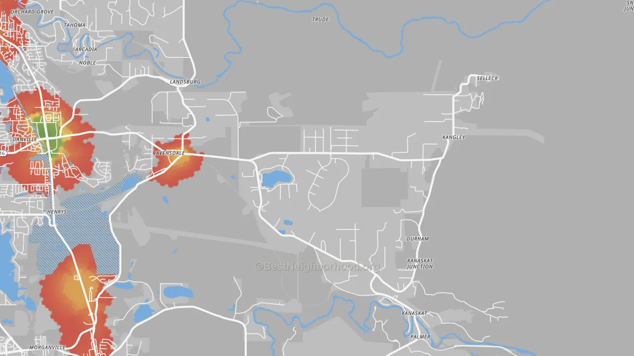 Walk Grade map of 98051, WA, walkable areas in green and car-dependent areas in red