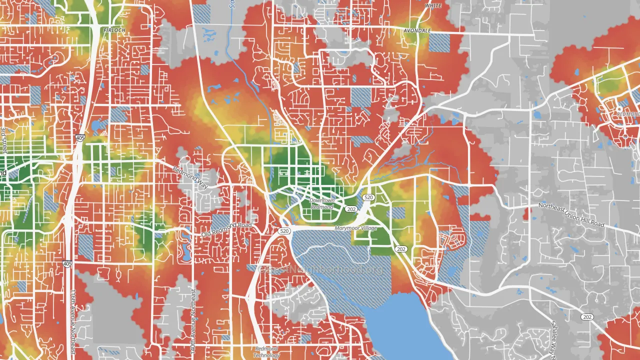 Walk Grade map of 98052, WA, walkable areas in green and car-dependent areas in red