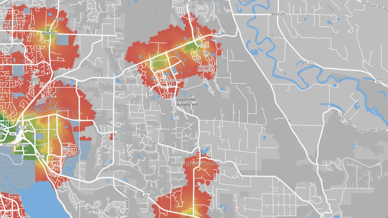 Walk Grade map of 98053, WA, walkable areas in green and car-dependent areas in red