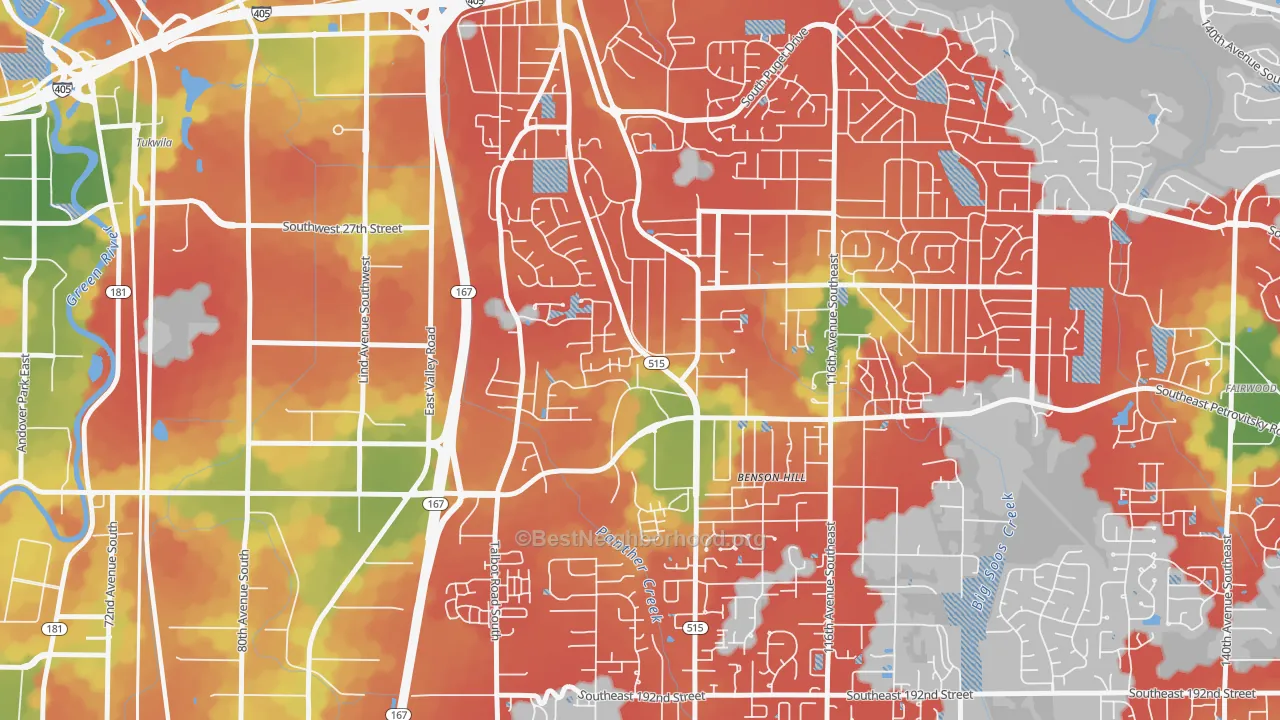 Walk Grade map of 98055, WA, walkable areas in green and car-dependent areas in red