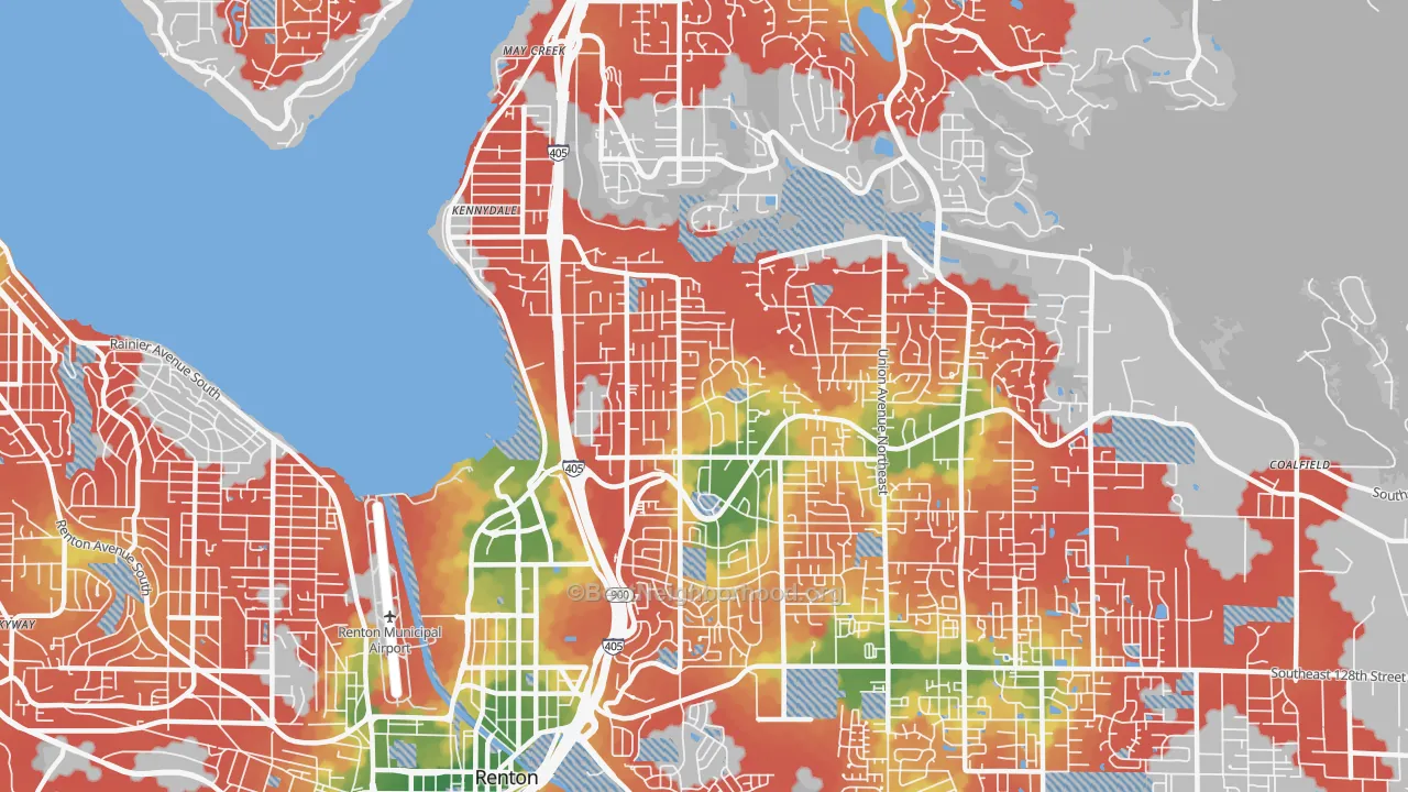 Walk Grade map of 98056, WA, walkable areas in green and car-dependent areas in red