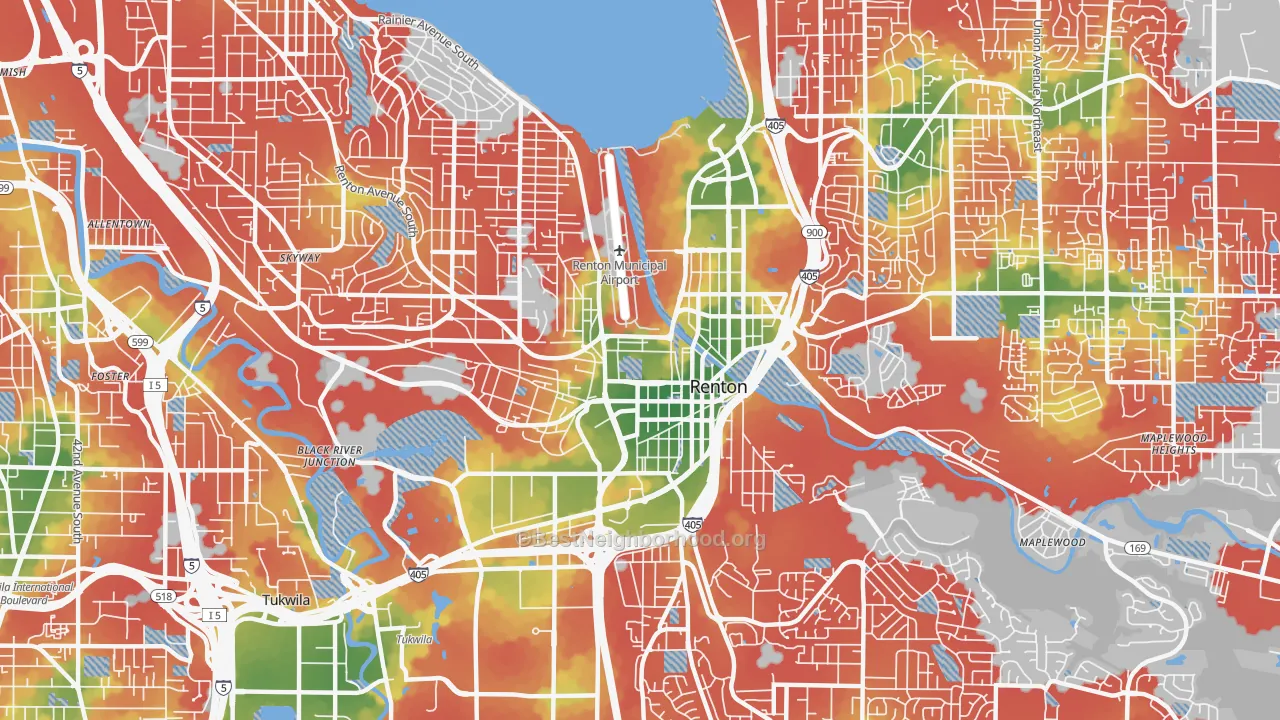 Walk Grade map of 98057, WA, walkable areas in green and car-dependent areas in red
