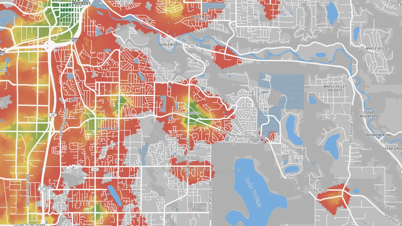 Walk Grade map of 98058, WA, walkable areas in green and car-dependent areas in red