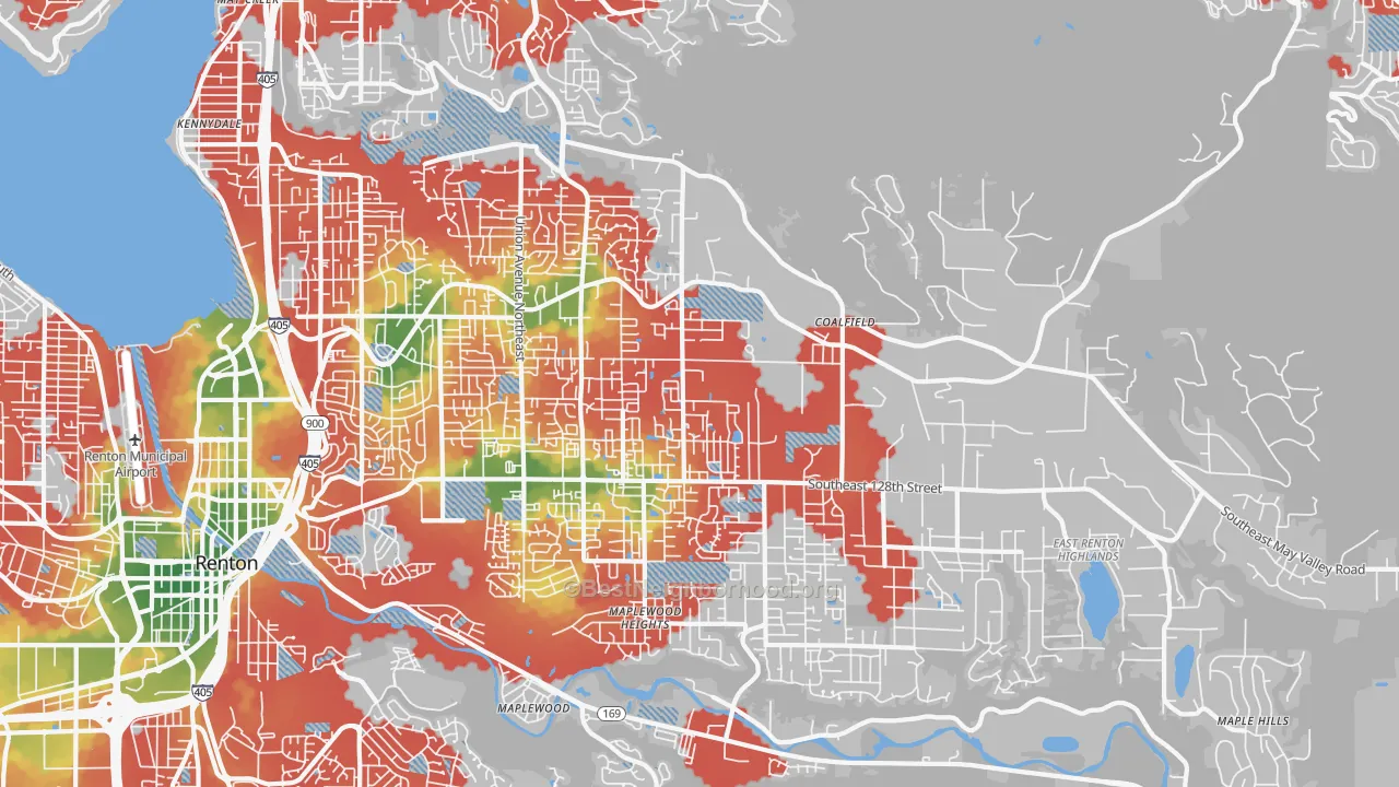 Walk Grade map of 98059, WA, walkable areas in green and car-dependent areas in red
