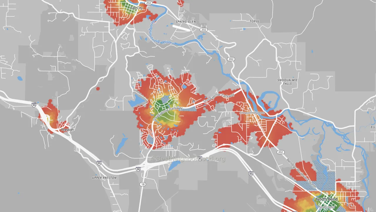 Walk Grade map of 98065, WA, walkable areas in green and car-dependent areas in red
