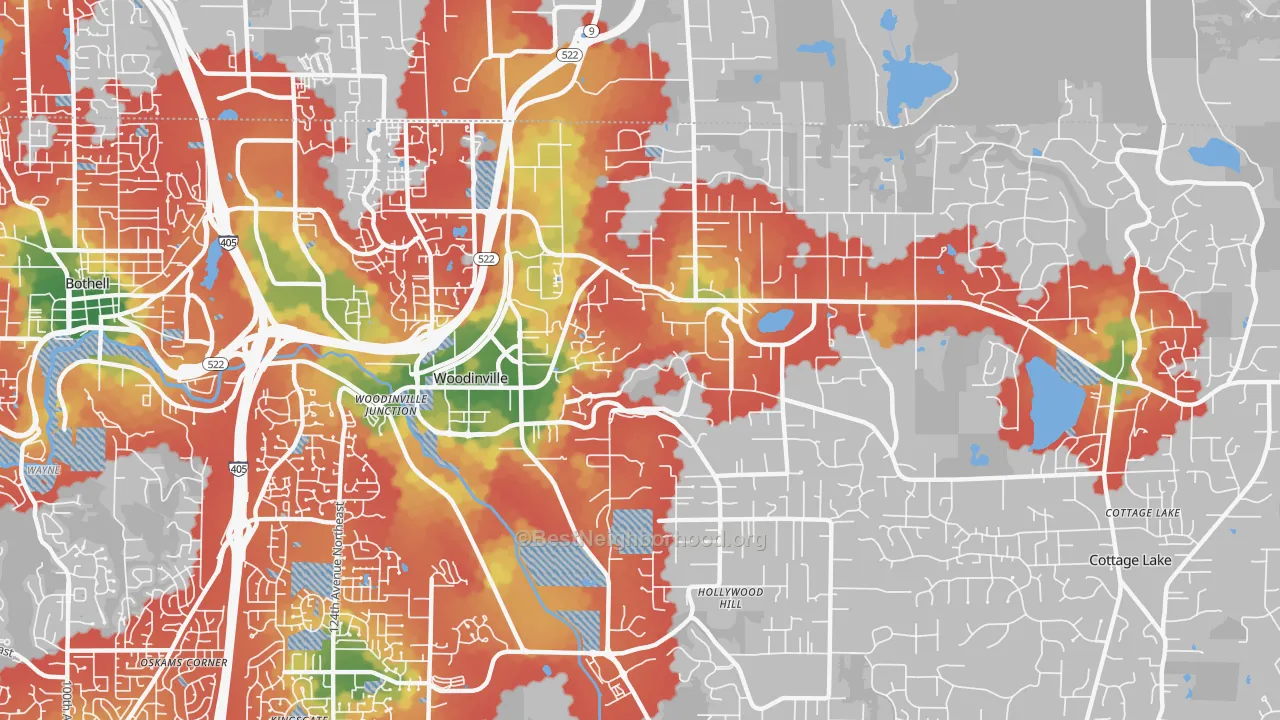 Walk Grade map of 98072, WA, walkable areas in green and car-dependent areas in red