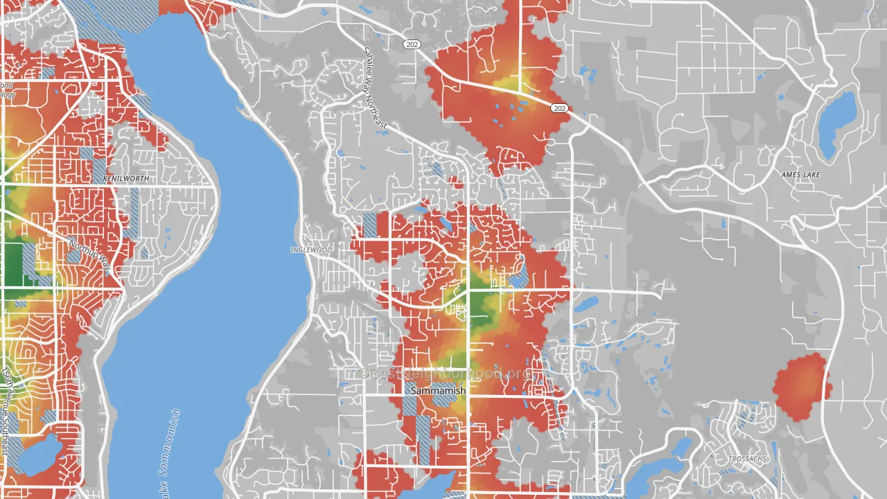 Walk Grade map of 98074, WA, walkable areas in green and car-dependent areas in red
