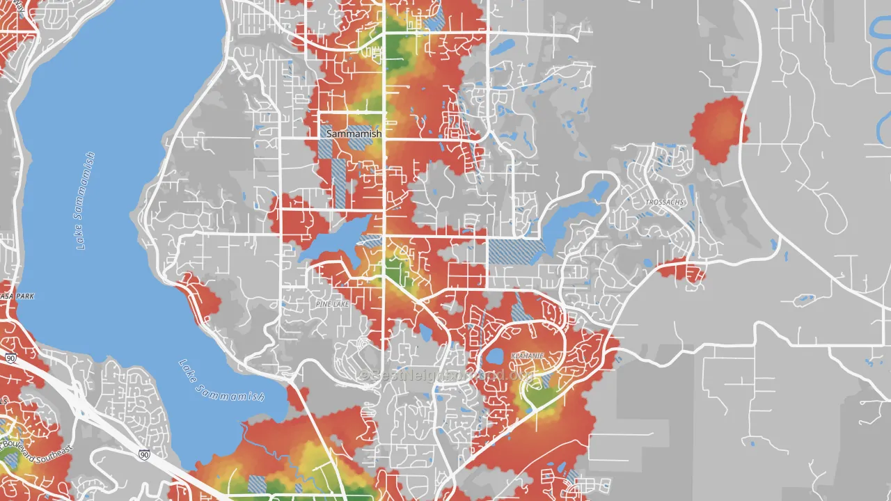 Walk Grade map of 98075, WA, walkable areas in green and car-dependent areas in red