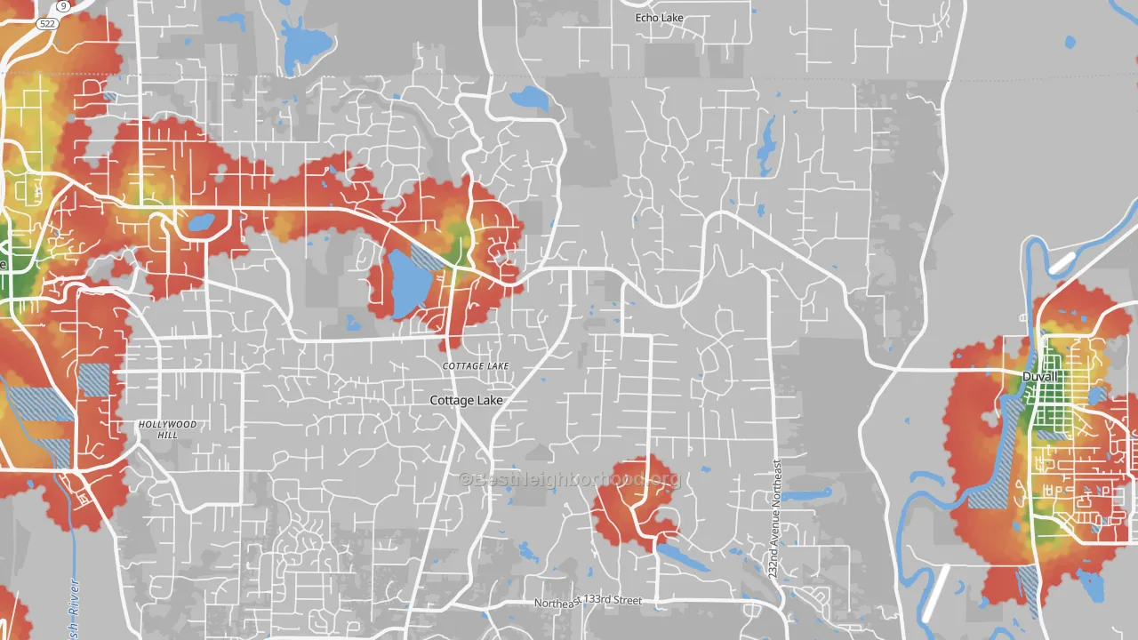 Walk Grade map of 98077, WA, walkable areas in green and car-dependent areas in red