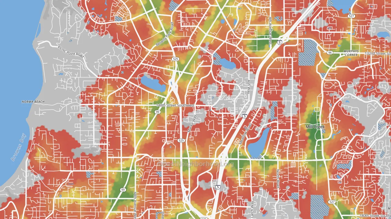 Walk Grade map of 98087, WA, walkable areas in green and car-dependent areas in red