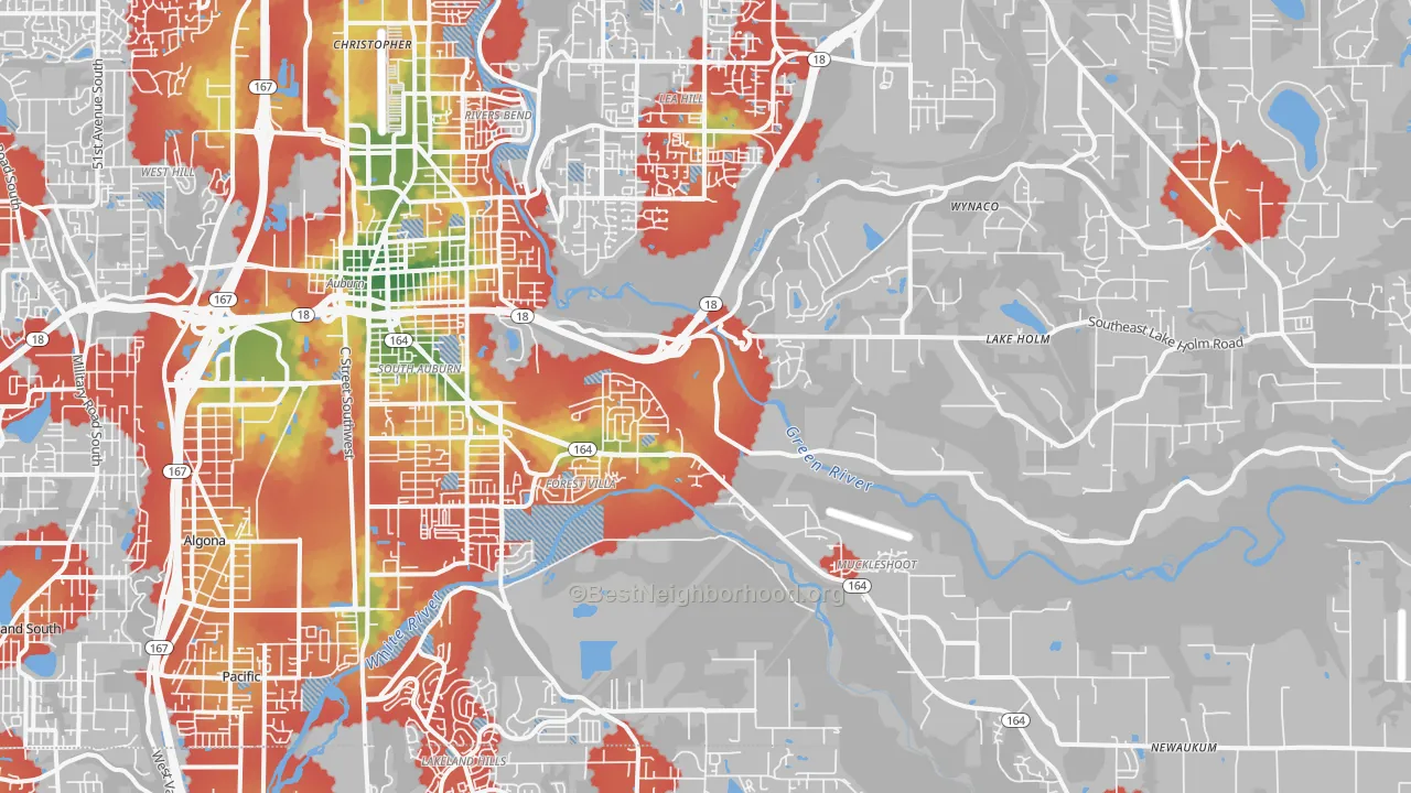 Walk Grade map of 98092, WA, walkable areas in green and car-dependent areas in red