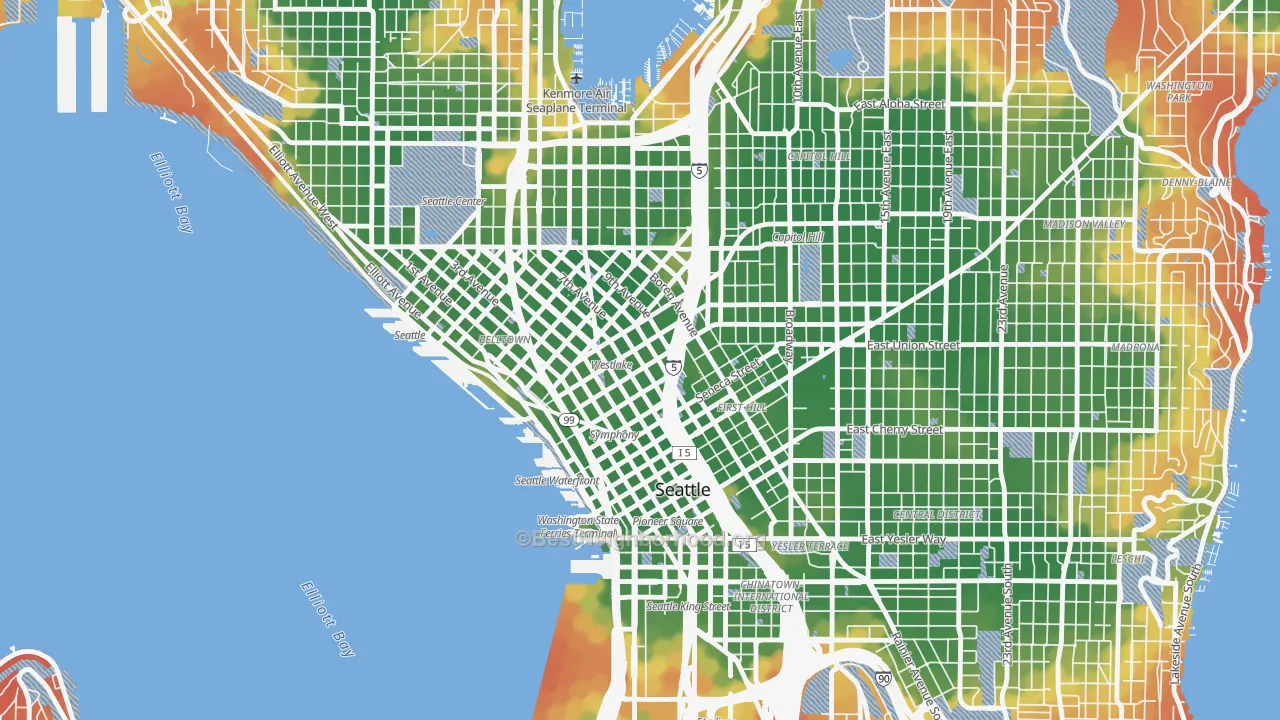 Walk Grade map of 98101, WA, walkable areas in green and car-dependent areas in red