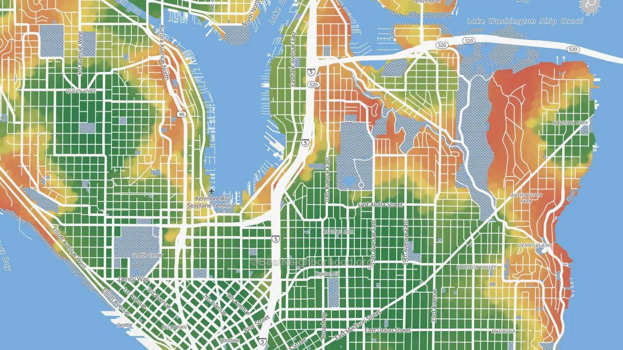 Walk Grade map of 98102, WA, walkable areas in green and car-dependent areas in red