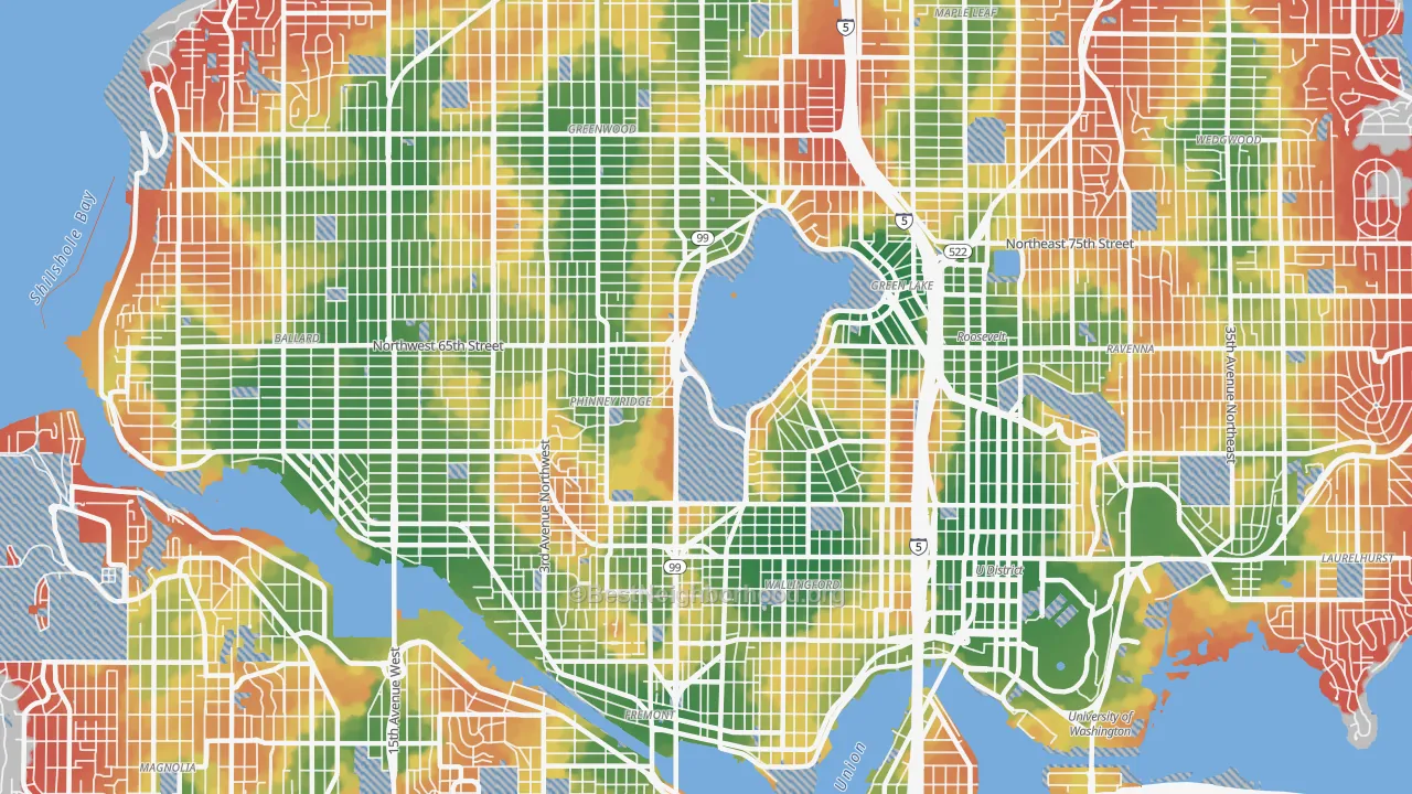 Walk Grade map of 98103, WA, walkable areas in green and car-dependent areas in red