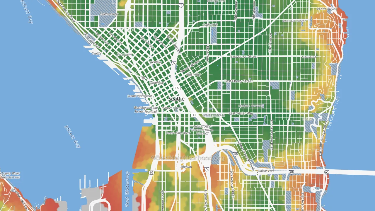 Walk Grade map of 98104, WA, walkable areas in green and car-dependent areas in red