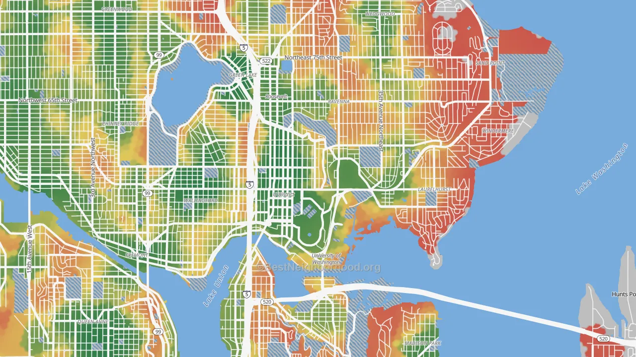 Walk Grade map of 98105, WA, walkable areas in green and car-dependent areas in red
