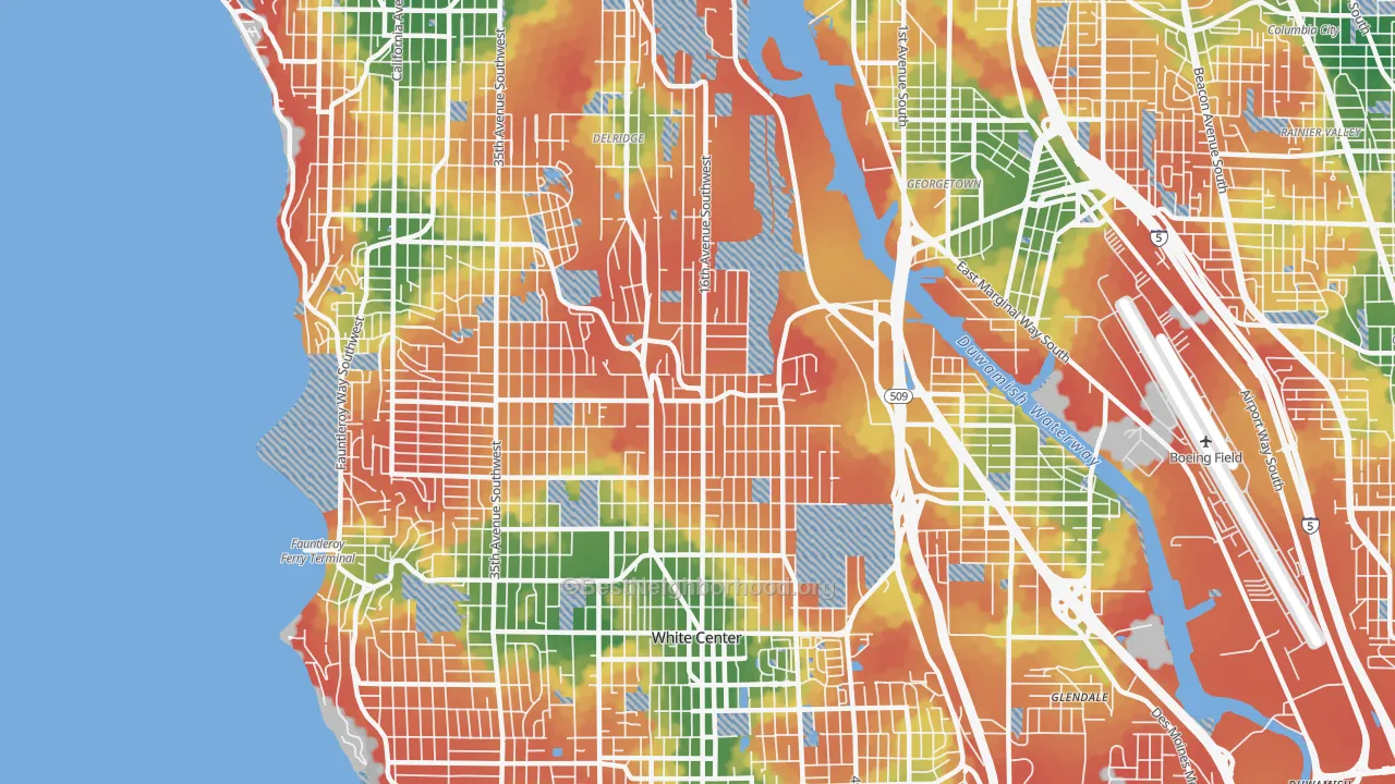 Walk Grade map of 98106, WA, walkable areas in green and car-dependent areas in red