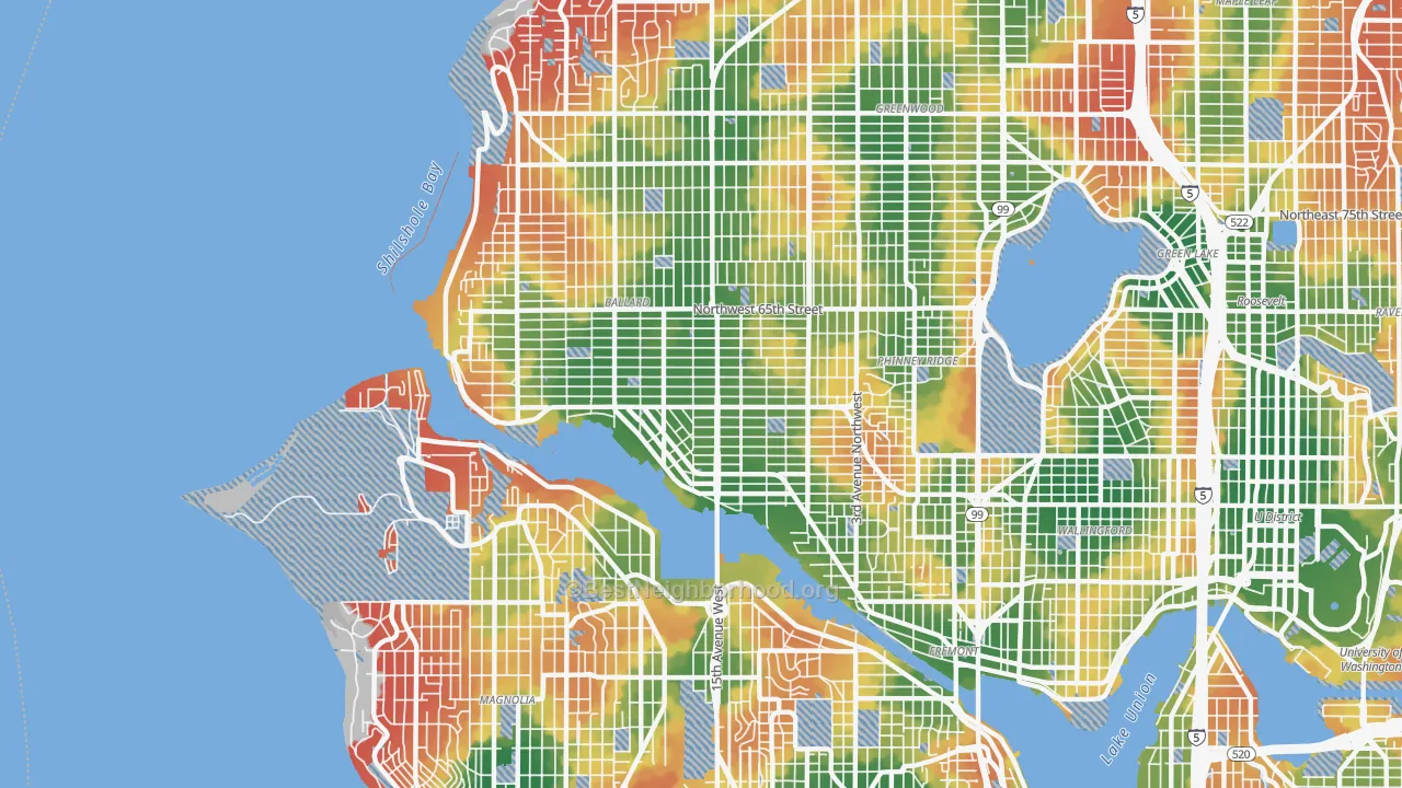 Walk Grade map of 98107, WA, walkable areas in green and car-dependent areas in red