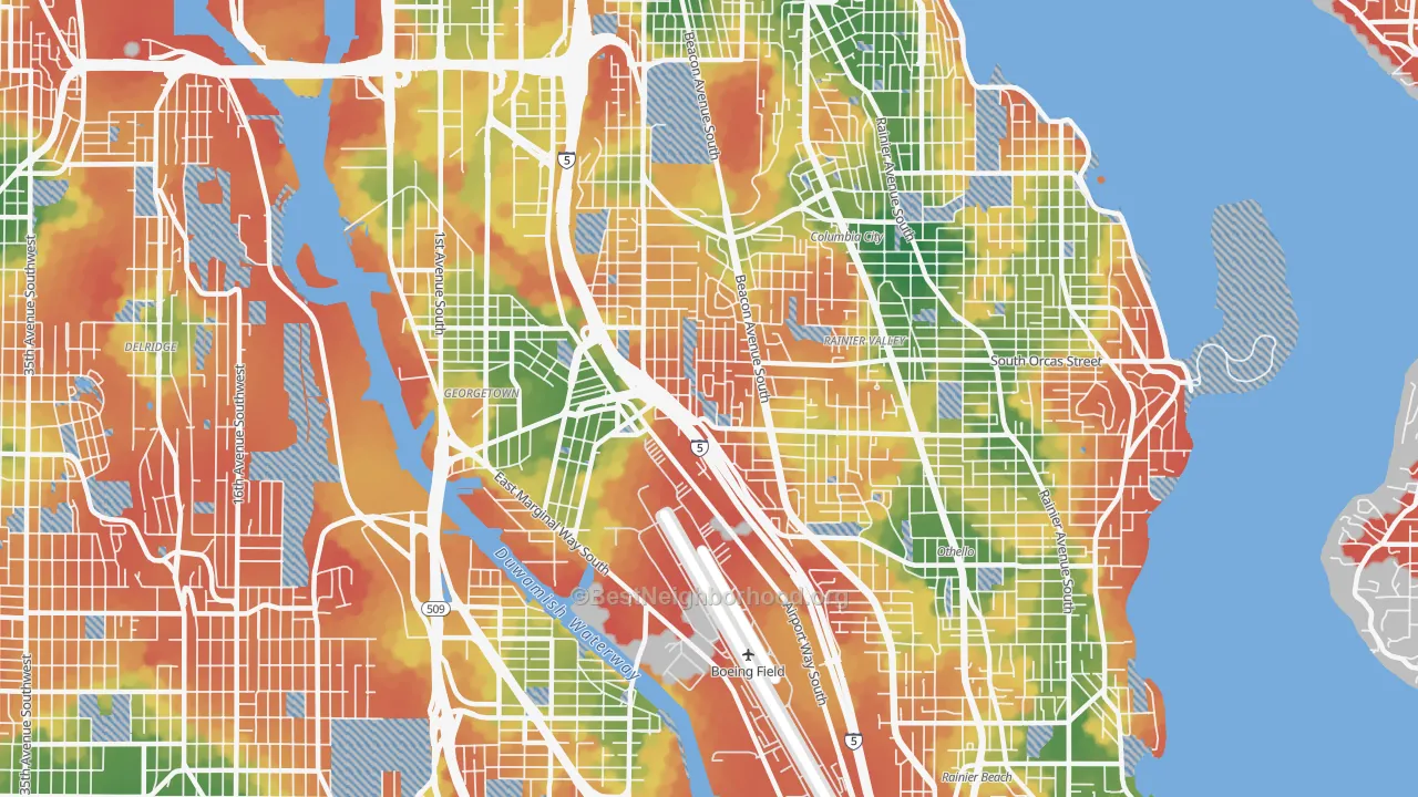 Walk Grade map of 98108, WA, walkable areas in green and car-dependent areas in red