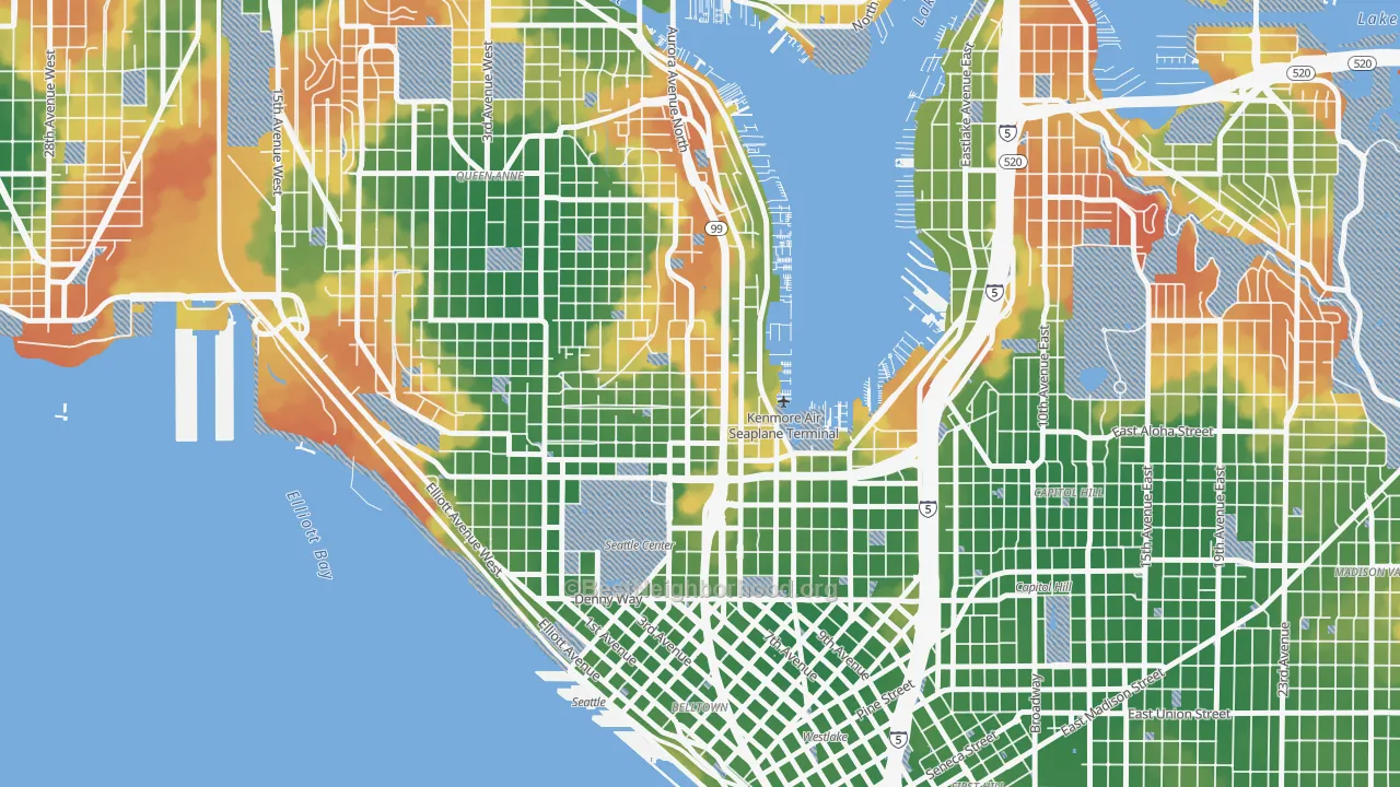 Walk Grade map of 98109, WA, walkable areas in green and car-dependent areas in red
