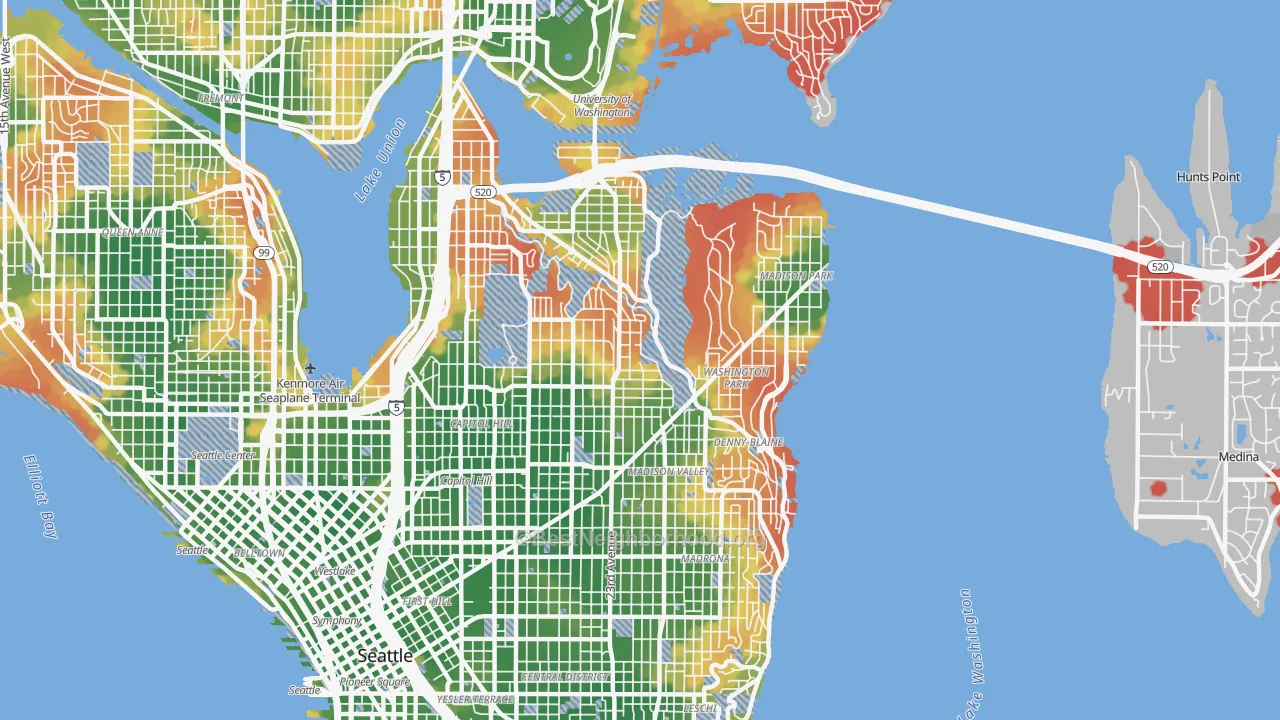 Walk Grade map of 98112, WA, walkable areas in green and car-dependent areas in red