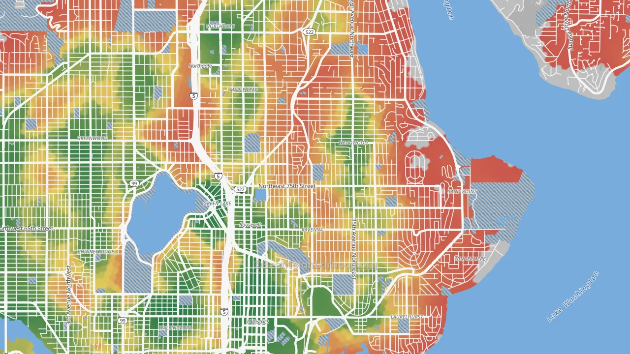 Walk Grade map of 98115, WA, walkable areas in green and car-dependent areas in red