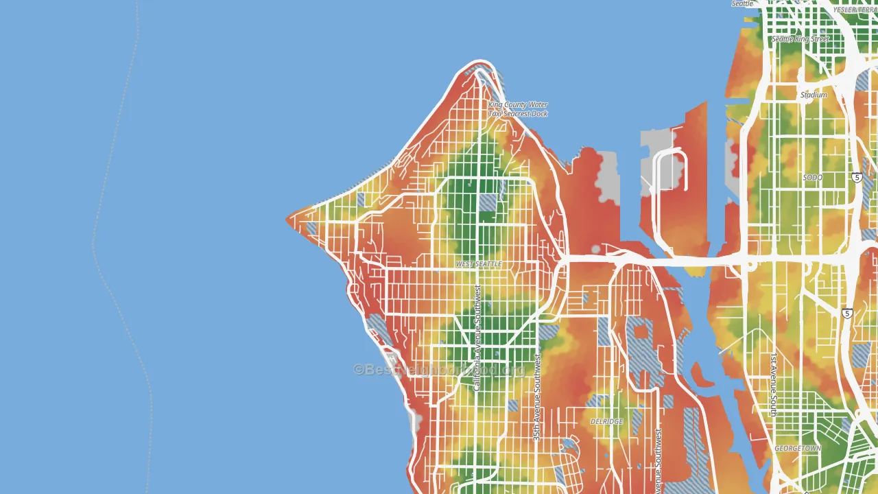 Walk Grade map of 98116, WA, walkable areas in green and car-dependent areas in red