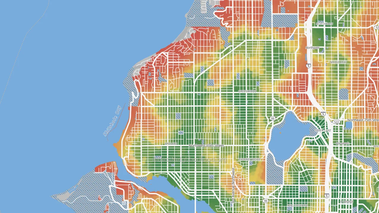 Walk Grade map of 98117, WA, walkable areas in green and car-dependent areas in red