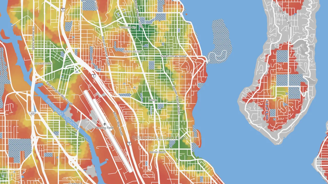 Walk Grade map of 98118, WA, walkable areas in green and car-dependent areas in red