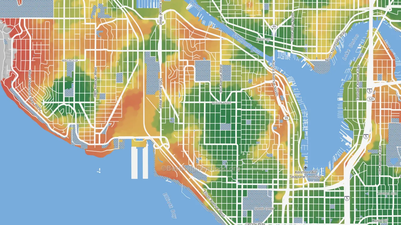 Walk Grade map of 98119, WA, walkable areas in green and car-dependent areas in red