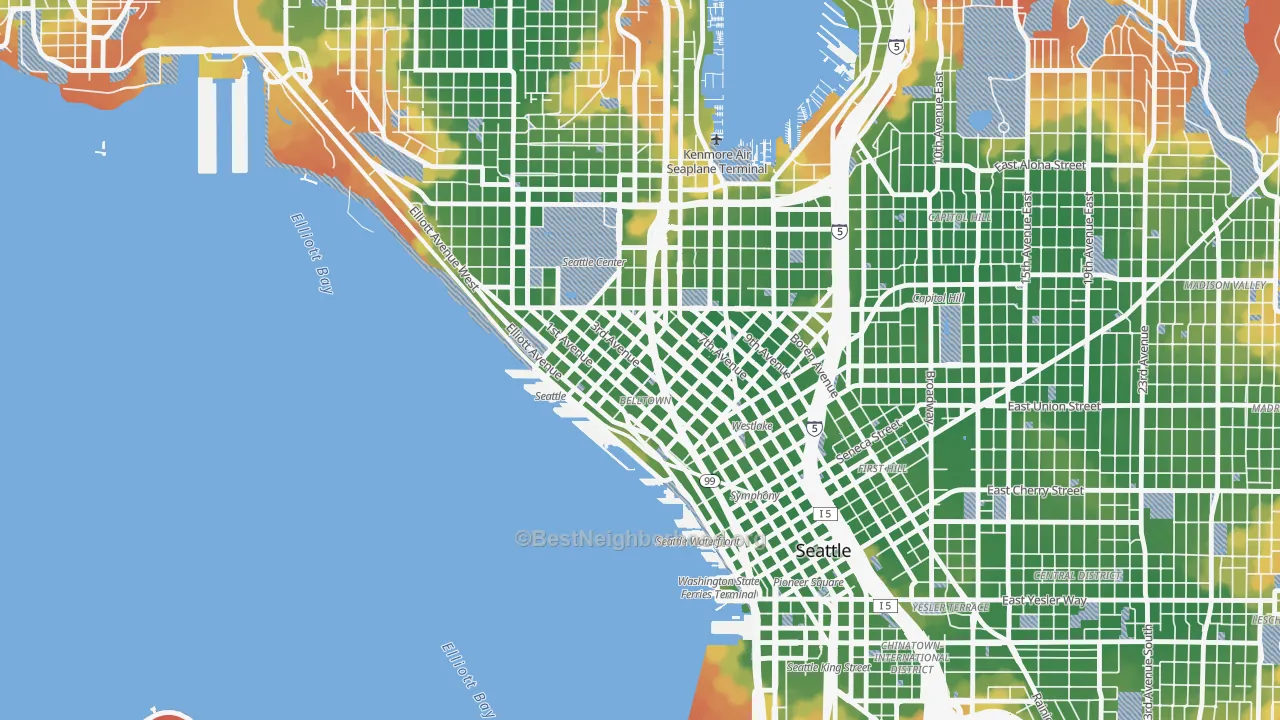 Walk Grade map of 98121, WA, walkable areas in green and car-dependent areas in red