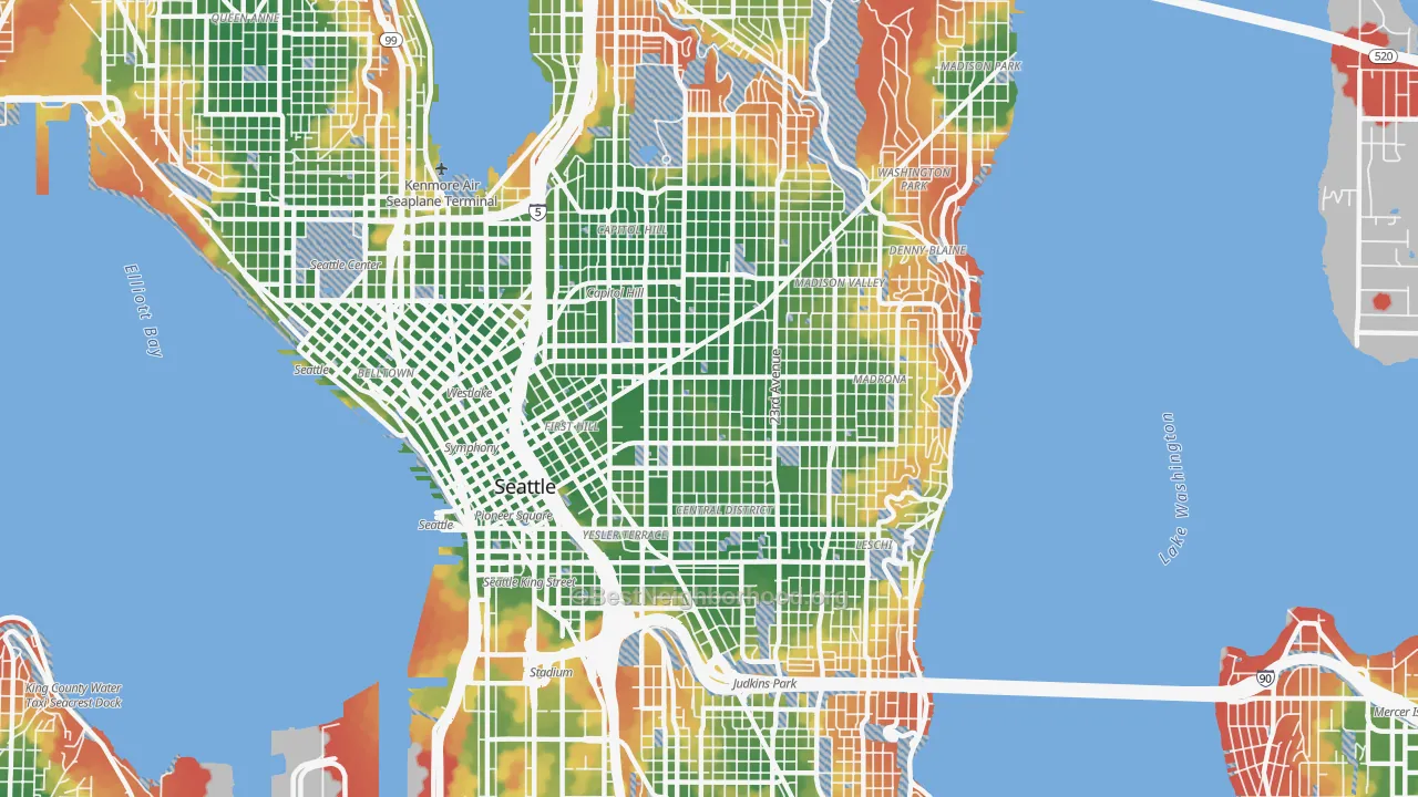 Walk Grade map of 98122, WA, walkable areas in green and car-dependent areas in red