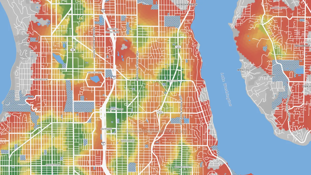 Walk Grade map of 98125, WA, walkable areas in green and car-dependent areas in red