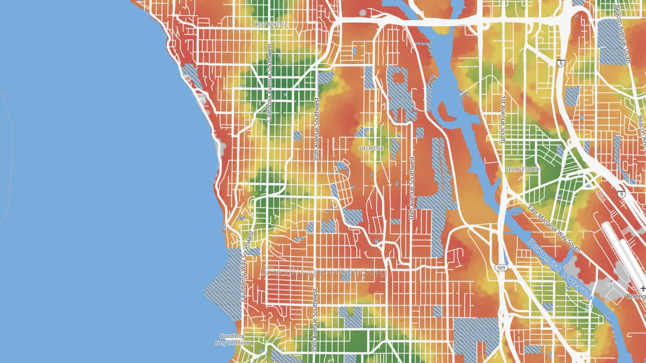 Walk Grade map of 98126, WA, walkable areas in green and car-dependent areas in red
